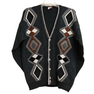 VTG Grandpa Cardigan Sweater Men L‎ Dark Green Geometric Button Up Slouchy Aztec